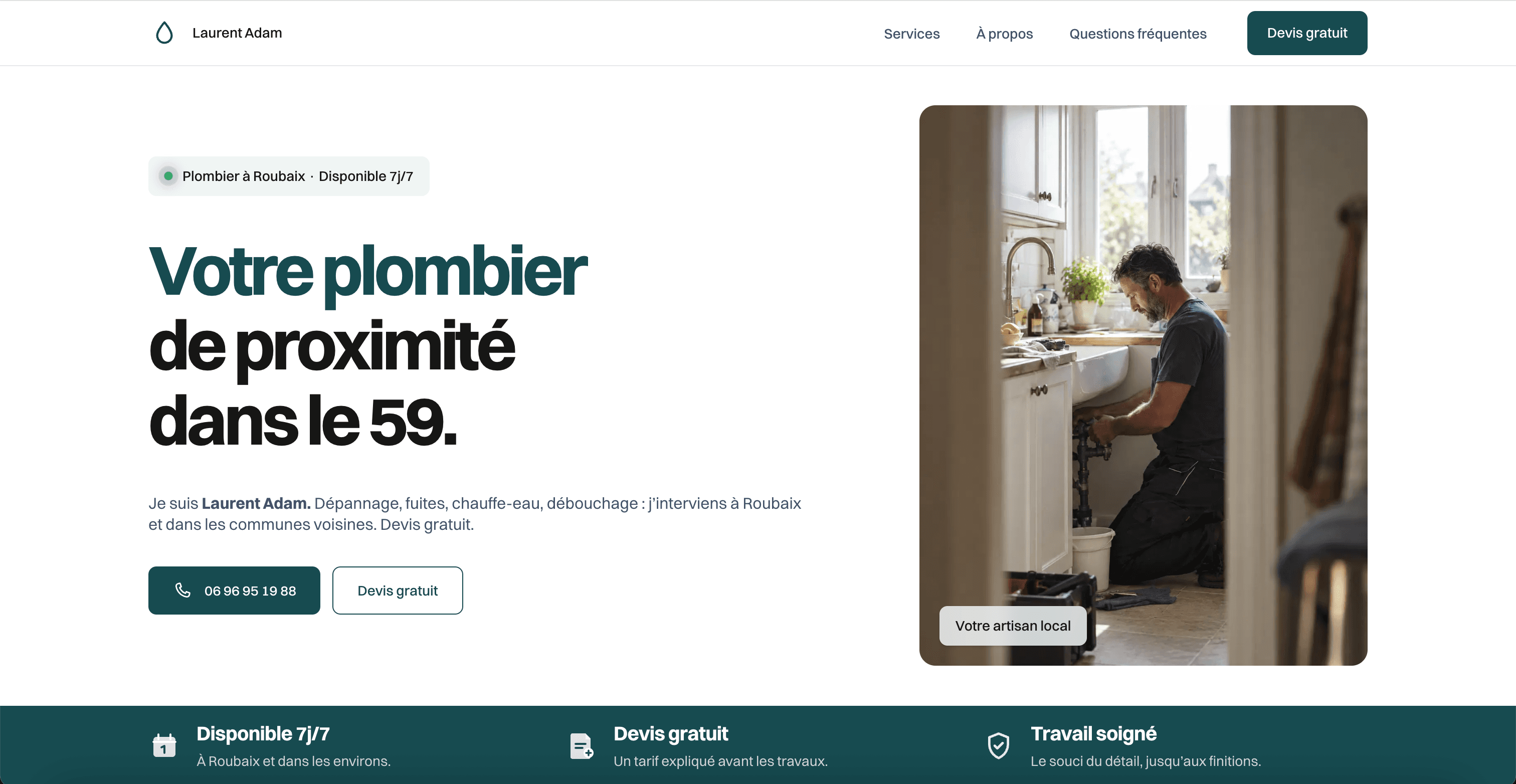 Aperçu du site de Laurent Adam, plombier à Roubaix